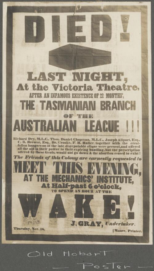 Announcement of the wake following the death of the Tasmanian Branch of the Australian League, Hobart [picture]
