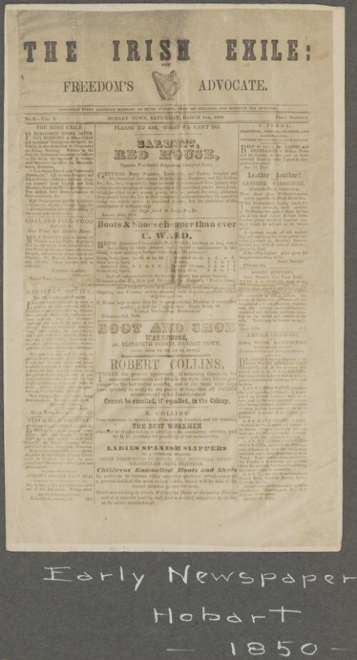 The Irish Exile newspaper of 2 March 1850, Hobart, Tasmania [picture]