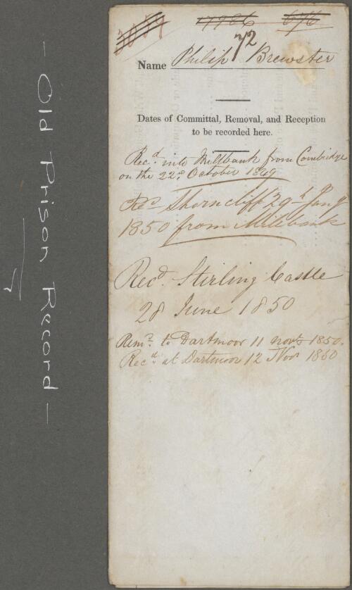 Prison record of Philip Brewster, Cambridge Borough Gaol, 22 October 1849-1850 [manuscript]