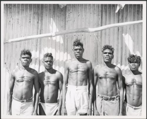 Five men 25-30 (years of age) at Fred Gray's house, Umba Kumba, Groote Eylandt, Arnhem Land, Australia, [1948] [picture] / Frank M. Setzler