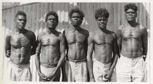 Five of our native informants with the artist Minimini at the extreme right, Fred Gray's boys, Umba Kumba, Groote Eylandt, Australia, June 1948 [picture] / Frank M. Setzler