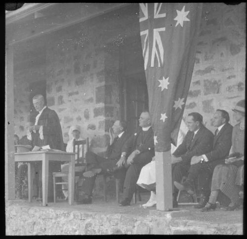 Opening of Alice Springs Hospital [transparency] : a deputation lantern slide of the AIM [Australian Inland Mission] Head Office, 1926-1940 / [John Flynn?]