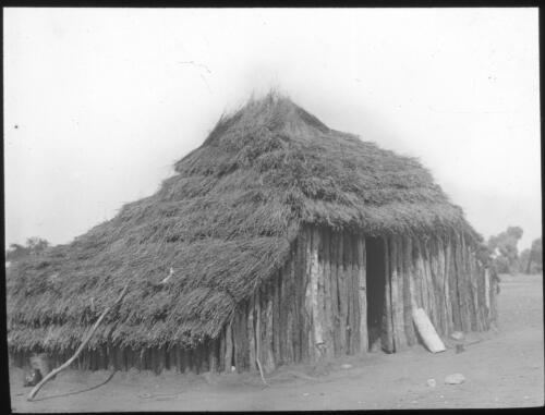 Wooden hut with thatched roof used as a meat house [transparency] : miscellaneous glass slide / [John Flynn?]