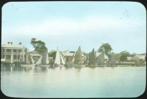 Small sailing boats at the wharf, Paynesville, Victoria [transparency] / [John Flynn?]