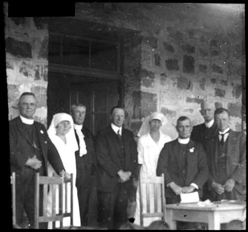 Opening of Alice Springs hospital [transparency] : taken on a survey trip undertaken in 1927 by Rev. J.A. Barber and Dr. George Simpson for the Flying Doctor Scheme