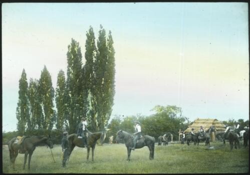 "One was there", men on horses in front of a row of poplars [transparency] : a lantern slide from John Flynn's missionary days in Gippsland 1906-7 / John Flynn