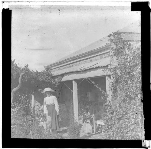 Unidentified woman with a dog at Angorichina, near Blinman, South Australia [transparency] : lantern slide used by Rev. F.H. Paterson, north South Australia / [John Flynn?]