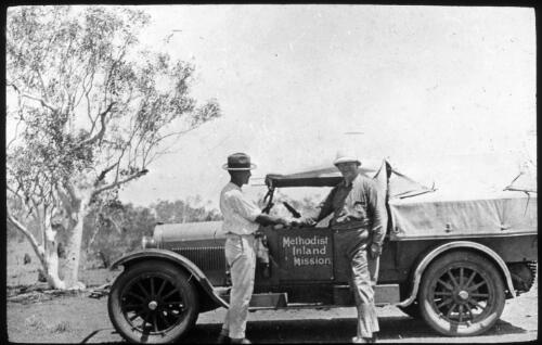 At the nine mile - with Methodist Inland Mission truck [transparency] : taken on a survey trip undertaken in 1927 by Rev. J.A. Barber and Dr. George Simpson for the Flying Doctor Scheme