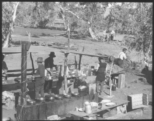 Outdoor kitchen set up in the bush [transparency] : miscellaneous glass slide / [John Flynn?]