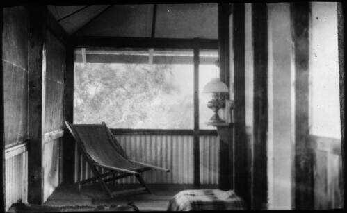 Verandah with deck chair [transparency] : a deputation slide of the AIM [Australian Inland Mission] Head Office, 1926-1940 / [John Flynn?]