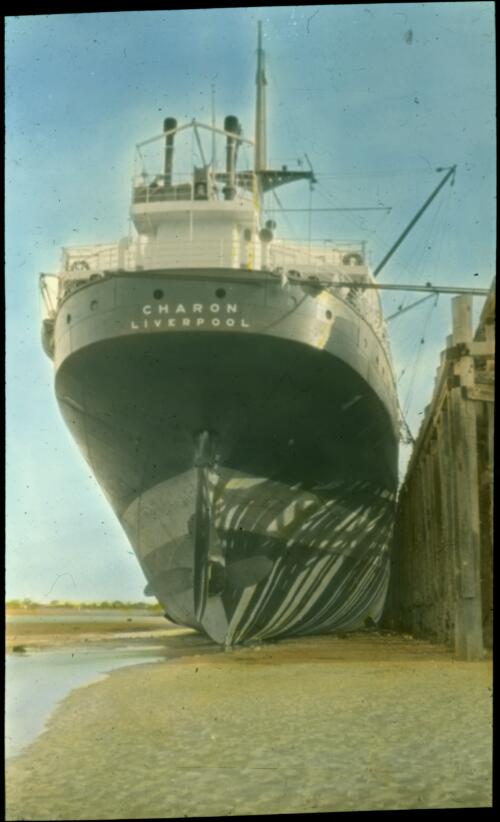 The ship Charon of Liverpool in dock at Broome [transparency] : a lantern slide used in lectures on all Australian Inland Mission activities, 1940- / [John Flynn?]