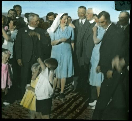 Missionaries and hospital staff at Leigh Creek [transparency] : a lantern slide used in lectures on all Australian Inland Mission activities, 1940- / [John Flynn?]