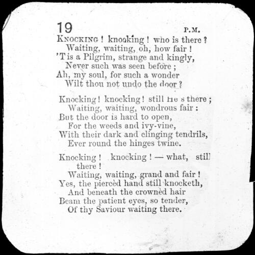 Words of the hymn Knocking knocking who is there [transparency] : a lantern slide used in A.I.M. lectures