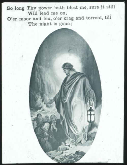 First two lines of verse three of the hymn Lead kindly Light, illustrated [transparency] : a lantern slide used during the Resonian trip to the Northern Territory led by John Flynn