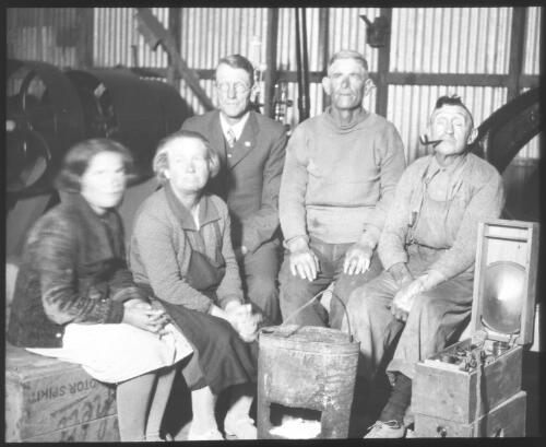 F.H. Patterson with four unidentified people, South Australia [transparency] : scene of mid-north South Australia used by Rev. F.H. Patterson on Stuart Patrol 1930+