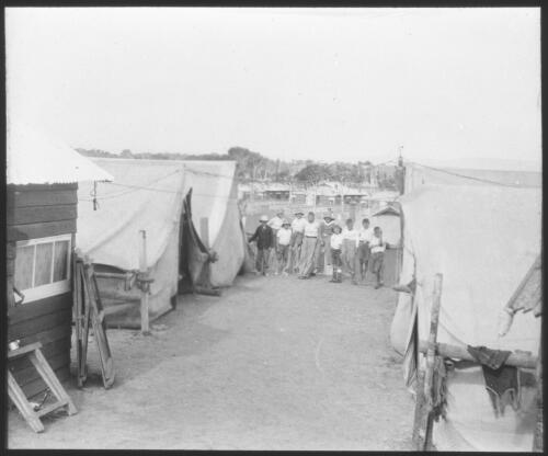 Group of unidentified boys standing between rows of canvas tents [transparency] : lantern slide used by Rev. F.H. Paterson, north South Australia / [John Flynn?]