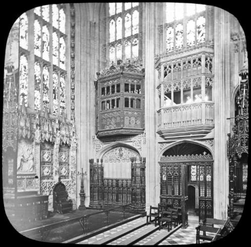 The Royal Pew, St. George's Chapel, a day's holiday at Windsor, England [transparency] : lantern slide used by Rev. F.H. Paterson, north South Australia / [John Flynn?]