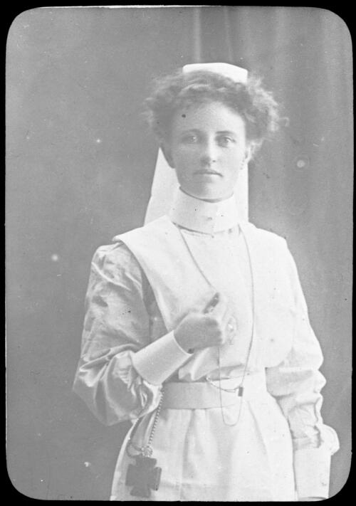 Portrait of Nurse Bett [transparency] : lantern slide used by Rev. F.H. Paterson, north South Australia / [John Flynn?]