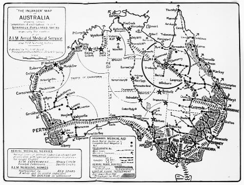 The Inlander map of Australia, showing certain amenities of civilization in our sparsely populated areas, especially the nucleus of an A.I.M. Aerial Medical Service, also A.I.M. nursing homes [transparency]