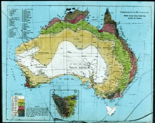 Revised average annual rainfall map, Australia and Tasmania [transparency] / H.A. Hunt, Commonwealth meteorologist
