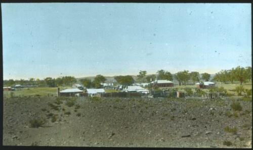 Unidentified township, [1] [transparency] : a lantern slide used in lectures on all Australian Inland Mission activities, 1940- / [John Flynn?]