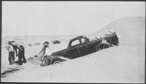 Vehicle on Birdsville - Marie track [transparency] : a lantern slide used in lectures on all Australian Inland Mission activities, 1940- / [John Flynn?]