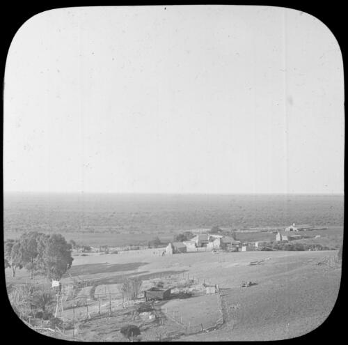 Homestead and other buildings on an unidentified property [transparency] : part of South Australian and other AIM [Australian Inland Mission] scenes used by Rev. F.H. Patterson
