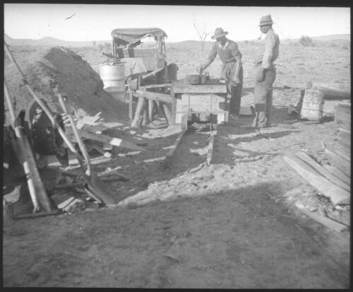 Unidentified men at work on a construction site, South Australia, [2] [transparency] : scene of mid-north South Australia used by Rev. F.H. Patterson on Stuart Patrol 1930+
