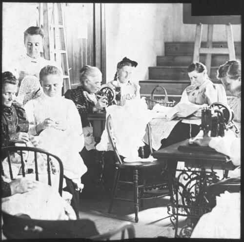 Unidentified ladies sewing circle [transparency] : part of South Australian and other AIM [Australian Inland Mission] scenes used by Rev. F.H. Patterson