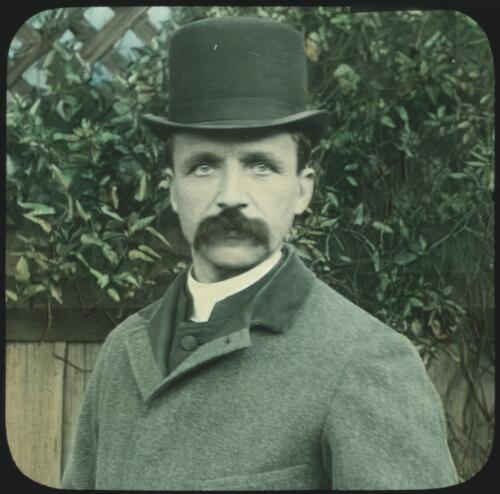 Unidentified man with a moustache, wearing a bowler hat [transparency] : part of South Australian and other AIM [Australian Inland Mission] scenes used by Rev. F.H. Patterson