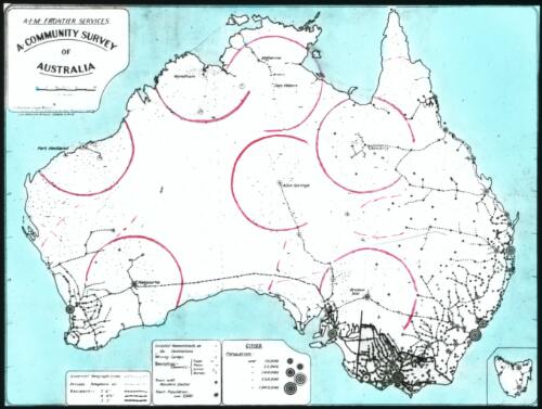 A community survey of Australia [transparency] : [map with circles indicating range of aircraft from flying doctor bases] / A.I.M. Frontier Services