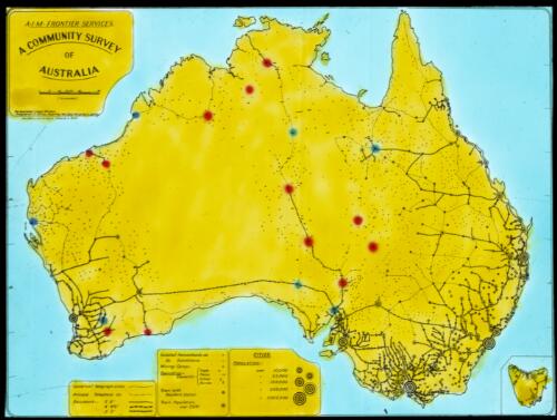 A community survey of Australia [transparency] : [map with coloured dots indicating location of A.I.M. missions and/or nursing outposts] / A.I.M. Frontier Services