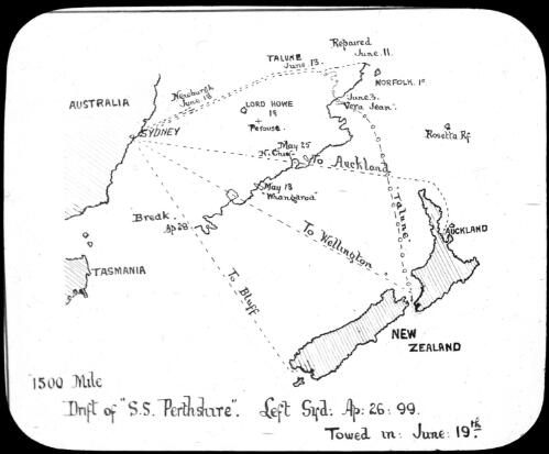 [Map of the] 1500 mile drift of S.S. Perthshire, left Syd. [i.e. Sydney] Ap: 26:99 [i.e. 26.4.1899], towed in June 19th [transparency]