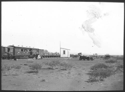 Unidentified freight train making stop in outback, wayside station no. 13? [transparency] / [John Flynn?]
