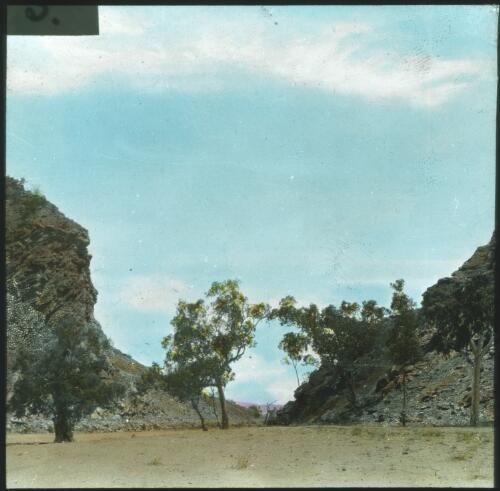 Heavitree Gap, Alice Springs [transparency] : a lantern slide used in lectures on all Australian Inland Mission activities / [John Flynn?]