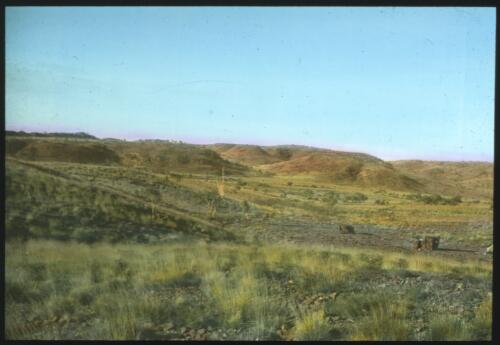 Unidentified landscape [transparency] : a lantern slide used in lectures on all Australian Inland Mission activities / [John Flynn?]