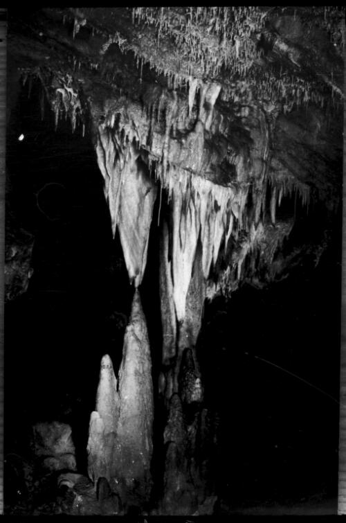 Interior of Buchan caves?, Victoria, with stalactites and stalagmites, 1 [picture] : part of a mixed selection of lantern slides and negatives from John Flynn's teaching days in Gippsland, and early AIM [Australian Inland Mission] activities / John Flynn