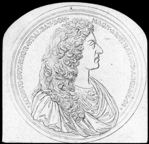 Medallion with portrait of James II [transparency] : part of a lantern slide lecture collection, 1926 / [John Flynn?]