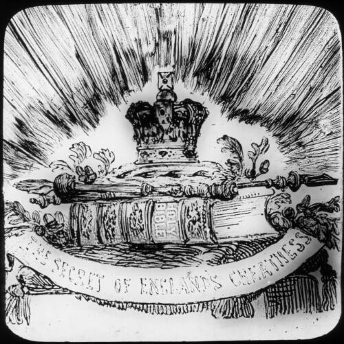 The secret of England's greatness [crown, sceptre and Bible] [transparency] : part of a lantern slide lecture collection, 1926 / [John Flynn?]