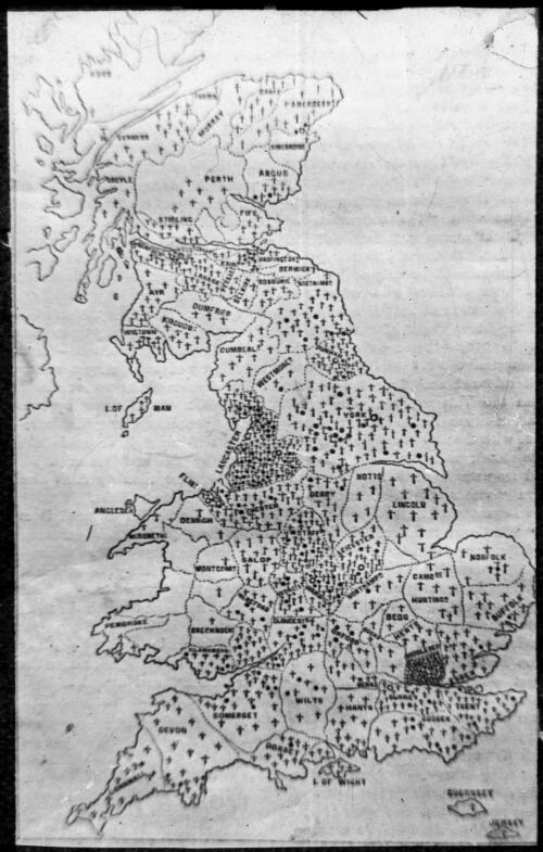 Map of England, Scotland and Wales showing Roman Catholic establishment [transparency] : part of a lantern slide lecture collection, 1926 / [John Flynn?]