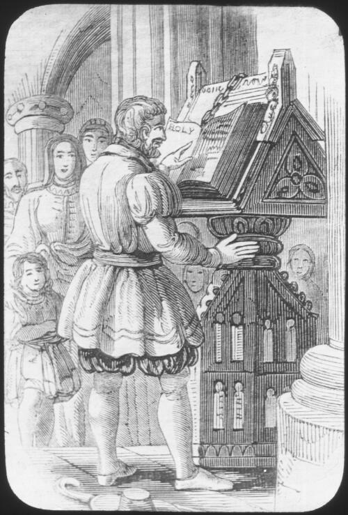 Unidentified man in 16th century costume reading Bible at a lectern [transparency] : part of a lantern slide lecture collection, 1926 / [John Flynn?]