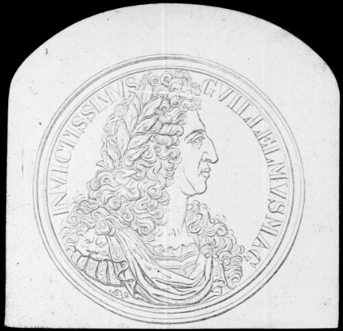 Medallion with portrait of William III? [transparency] : part of a lantern slide lecture collection, 1926 / [John Flynn?]