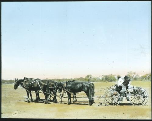 Mailman on a wagon with horses [transparency] : a lantern slide used in lectures on all Australian Inland Mission activities / [John Flynn?]