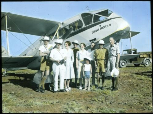 First flight by the Dunbar Hooper II aeroplane after the hospital was opened, Fitzroy Crossing ca. 1939 [2] [transparency] : a lantern slide used in lectures on all Australian Inland Mission activities / [John Flynn?]