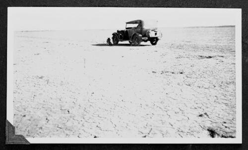 Dog sitting in the shade of John Flynn's Dodge buckboard in a desert landscape [picture] / [John Flynn?]