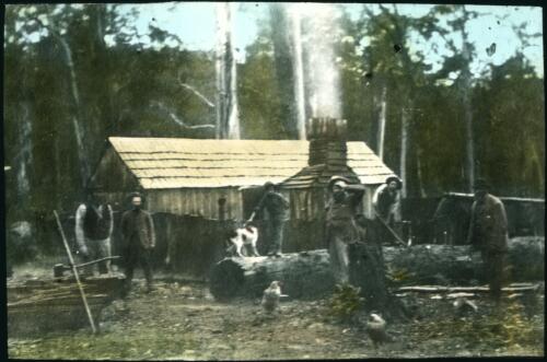 Men building a rural building [transparency] : a lantern slide from John Flynn's missionary days in Gippsland 1906-7 / John Flynn