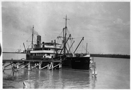 The ship Wandana moored at a wharf [picture] : part of scenes of the Dunbar opening, Fred McKay patrol 1938 / [John Flynn?]
