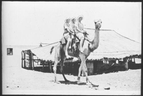 Two unidentified school girls and a school boy sitting on a camel [transparency] : taken during the Resonian trip to the Northern Territory led by John Flynn / [John Flynn?]