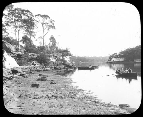 Unidentified people rowing from the eastern side of Tambourine Bay along the Lane Cove River, Sydney [transparency] : a variety of Sydney and country scenes / G.W.W