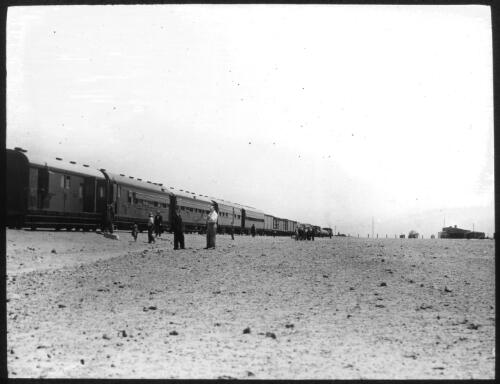 Train at Williams' Creek, south of Oodnadatta [2] [transparency] : scenes of Tennant Creek and the Northern Territory, Beltana, Oodnadatta and other general scenes / [John Flynn?]